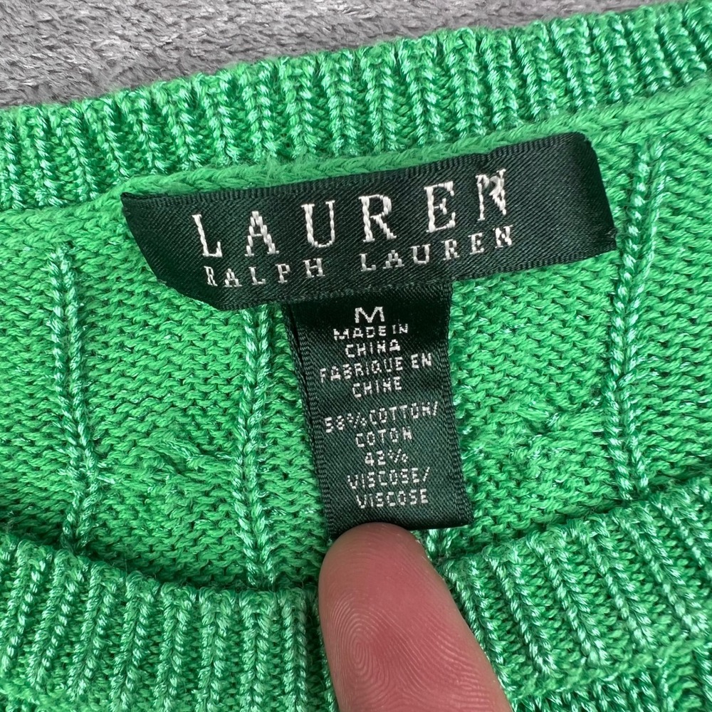 Lauren Ralph Lauren Cable Knit Sweater Womens Medium Green Gold Button Shoulder - Picture 4 of 8